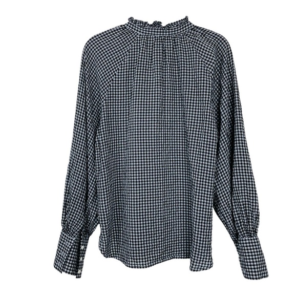 J.Crew Ruffleneck Button-up Shirt in Black and White Plaid Soft Gauze Size 14 - Picture 4 of 12